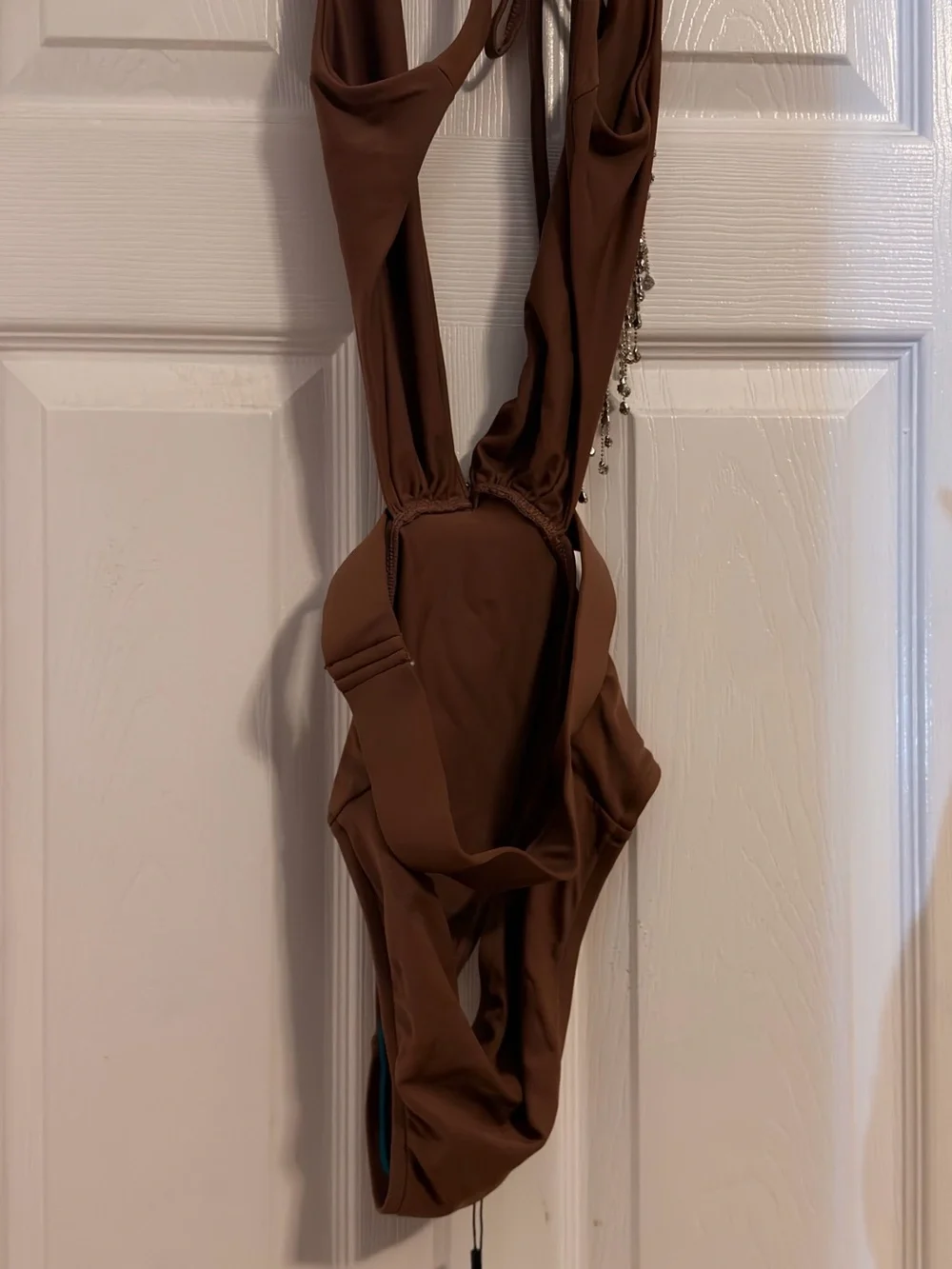 New - Never worn Fashion Nova Brown One-Piece Swimsuit with Rhinestone Fringe